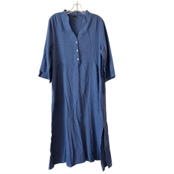 Francesca Bettini Women's Maxi Linen blend Dress Size XL Blue pockets 3/4 Sleeve - Picture 1 of 11